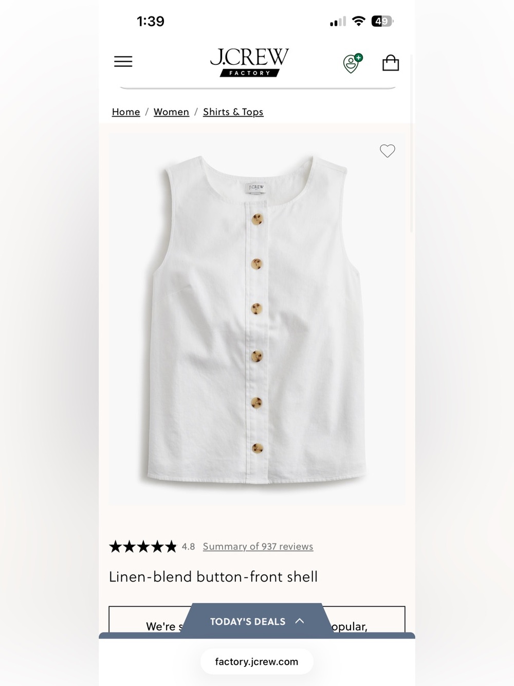 J. Crew White Button-Front Linen-Blend Sleeveless Tank